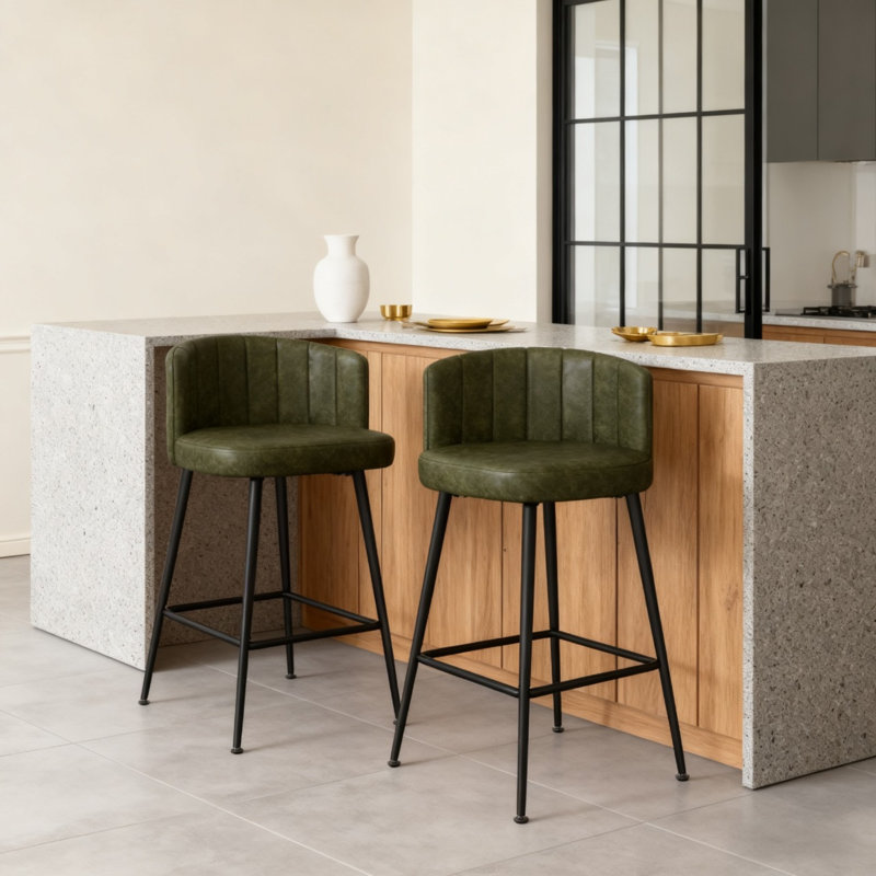 27.2" Upholstered Bar & Counter Stool with Back, 360° Swivel Faux Leather Stools, Olive Green, Green