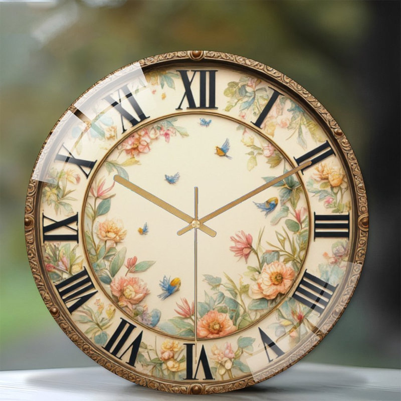 Horloge murale ornée de motifs floraux et de petits oiseaux - horloge murale moderne en verre 12 po