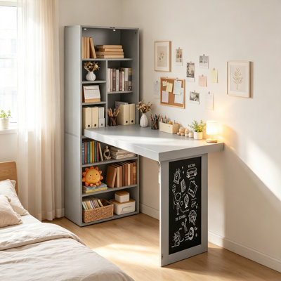 41 Inch Folding Down Desk Cabinet with Storage, Convertible Writing Desk with Blackboard and Shelves, Grey