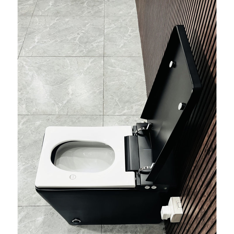 Bathroom Smart Toilet With Built-In Tank, Auto Flush, Heated Seat, Remote Control, Led Display, Black Square Synthesis Matte