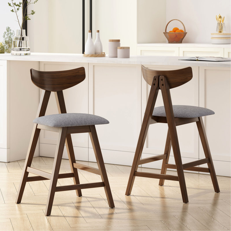 2 tabourets de comptoir Mid-Century 2 - gris foncé rembourrés et 2 pieds en bois d'hévéa