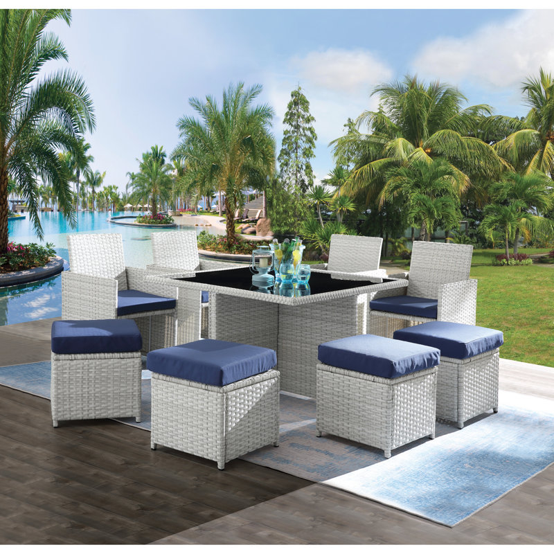 9 pièces Bistro bleu et tissu avec 4 chaises, repose-pieds et repose-pieds 9 pièces