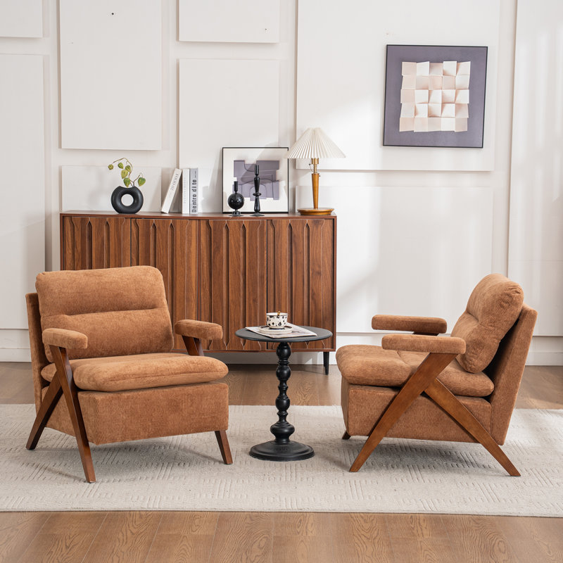 Mid Century Upholstered Arm Accent Chair with Solid Wood Legs, Khaki