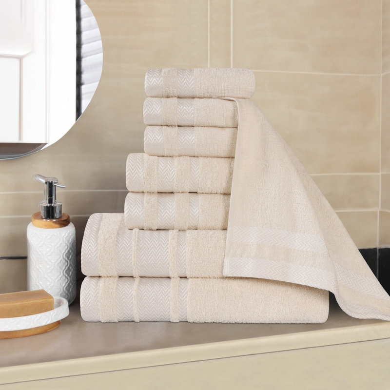 Geona Cotton Solid Dobby Border Plush Soft Absorbent Assorted 8 Piece Bathroom Towel Set, Ivory