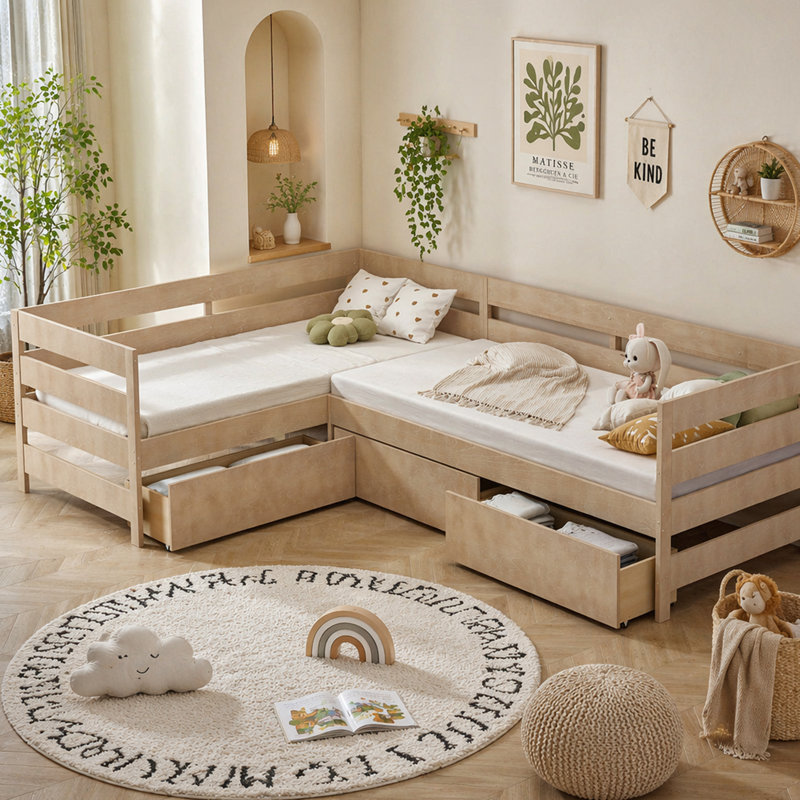 Lit plateforme simple en forme de L avec trois tiroirs de rangement, naturel