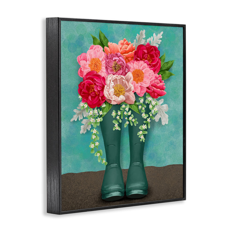 Ensemble de giclées de bottes de pluie Peony, par Jilly Jack Designs, H 30 po x l 24 po, Giclée encadrée noir minuit