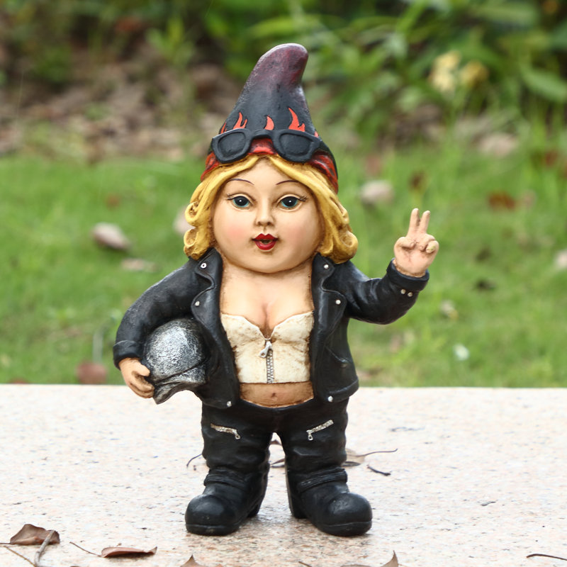  Woman Biker Gnome with Helmet Statue