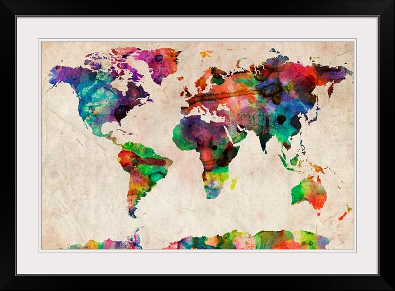 «Francy», cartes du monde par Michael Tompsett - impression d'art graphique, H 32 po x l 44 po x P 1 po, Cadre noir