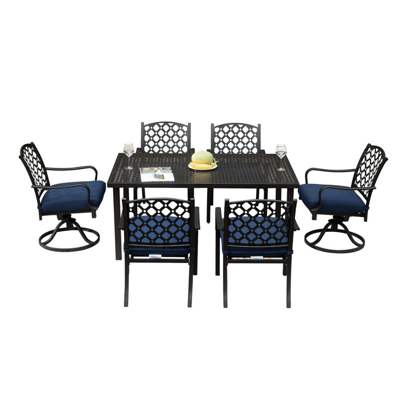 7 Pcs Metal Patio Dining , Removable Navy Blue Cushions, Strong Iron For Garden Yard Outdoor & Lawn