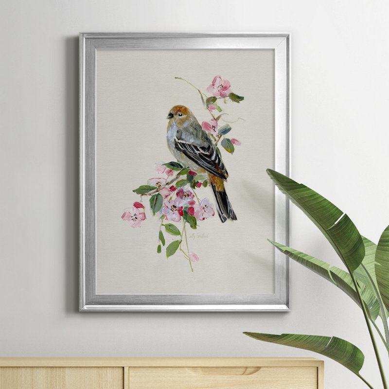 «Spring Song Goldfinch», peinture sur toile encadrée, H 22,5 po x l 30,5 po x P 1,5 po, Argent