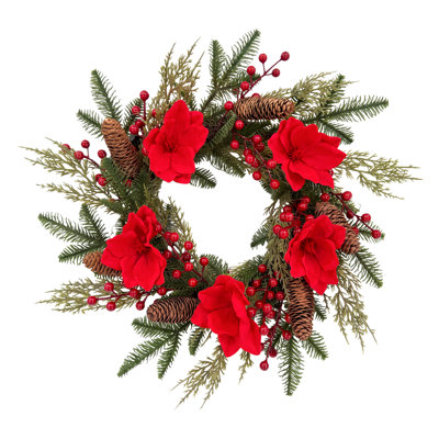 24" Pre-Lit Magnolia Christmas Wreath with Red Berries, 20 LED Lights, 8 Lighting Modes, Farmhouse Holiday Decor