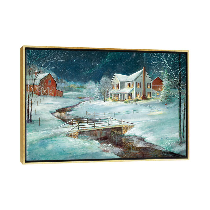 «Winter Serenity» par Ruane Manning - Peinture, H 40 po x l 60 po x 1,5 po, Cadre flottant doré