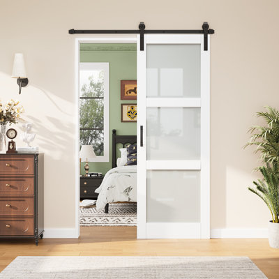 84"H Frosted Glass Sliding Barn Door – MDF & Solid Wood 3-Lite Interior Closet Door with Installation Hardware Kit