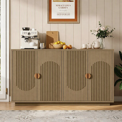58.8" Fluted Buffet Cabinet Symmetrical Arc Accent Sideboard Large Console Table TV Stand With Storage Cabinets 4 Doors Open Shelves, Media Console TV Cabinet
