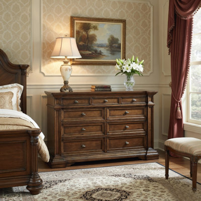Lesa Wide Dresser, 9 Drawers With Antique Brass Oval Knobs, Brown