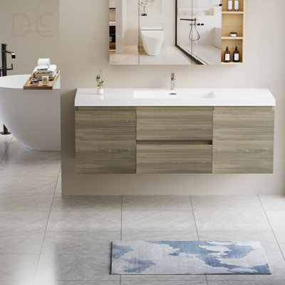 Meuble-lavabo flottant de 60 po avec lavabo, armoire de rangement murale avec lavabo à surface solide et tiroirs à fermeture en douceur entièrement assemblés