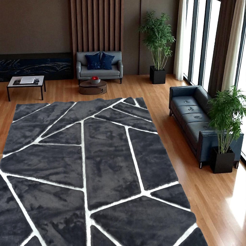 Tapis noir moelleux fait à la main avec motif géométrique argenté - tapis doux et durable pour le salon