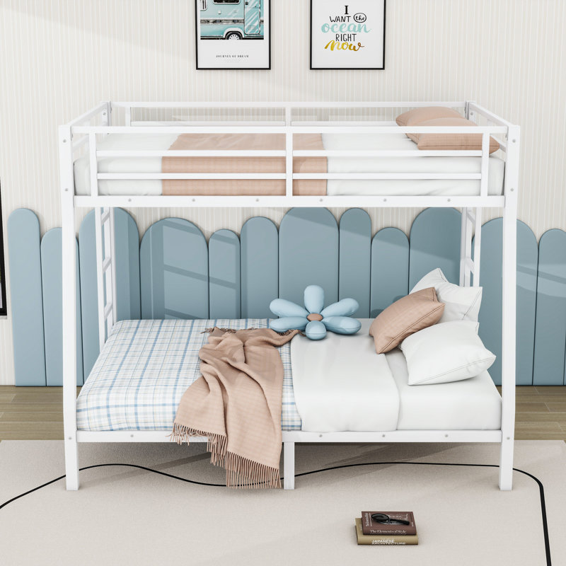 Metal Full XL Over Queen Bunk Bed With Dual Ladders And Guardrails, Noise-Free Design, White