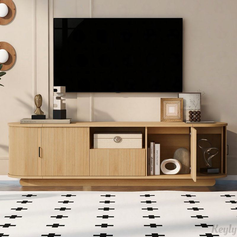 TV Stand with Open Shelf, Drawer, Cabinets, Hidden Sliding Storage, Rounded Corners, Waterproof, 70.86" W, Acacia Wood