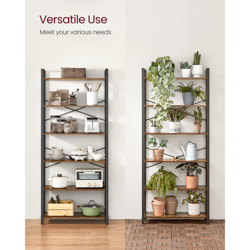 6 Tier Bookcase With Steel Frame, Rustic Brown/Black, 186cm H x 80cm W x 30cm D