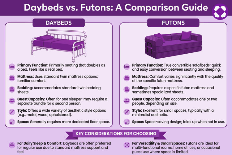 infographic of daybeds vs. futons with key comparisons for primary function, mattress type, bedding, guest capacity, style, and required floor space