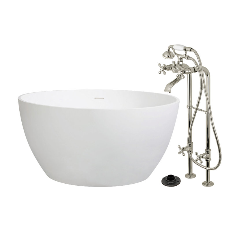 Kingston Arcticstone 45-Inch Solid Surface Round Double Ended Freestanding Tub With Faucet Combo And Drain, Polished Nickel