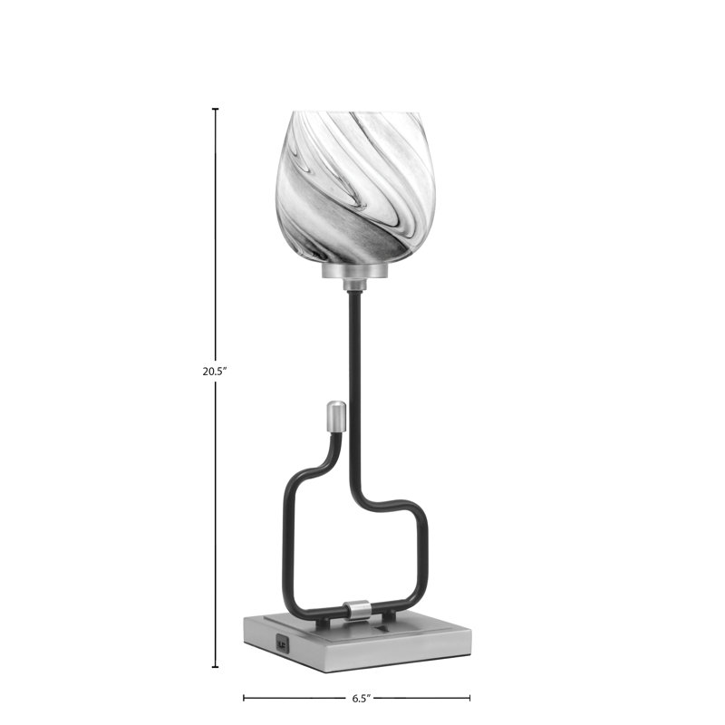 Lampe décorative Amarmula, avec ports USB, noir mat et finition graphite, verre tourbillon onyx 6 po, Argent argent