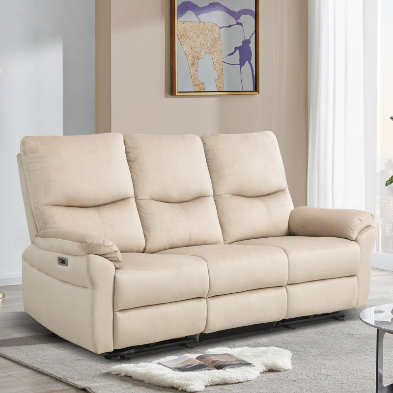 Chinenye 78'' Power Reclining Sofa with Drop-Down Table & USB Charging, Beige Microsuede