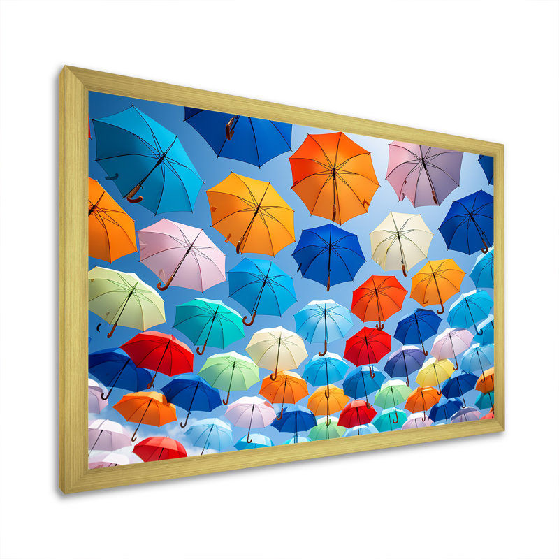 Rainbow Umbrellas Collage sur toile, Cadre doré simple, H 24 po x l 32 po x P 1 po