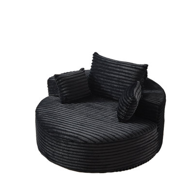 Très grande chaise ronde de 55 pouces de largeur, chaise en velours côtelé à compression moderne avec coussin, chaise rembourrée à assise profonde pour le salon ou la chambre à coucher, aucun assemblage requis (velours côtelé, noir)