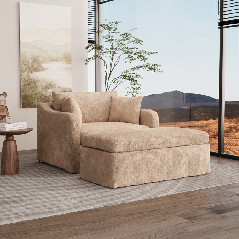 45.1" W Oversized Slipcovered Upholstered Accent Armchair With Ottoman, Wheat