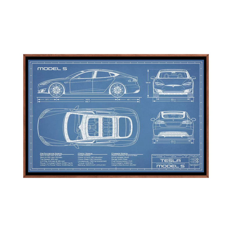 Modèle Tesla S (2016-2020) Blueprint-impression de dessin, Pas de tapis, H 18 po x l 26 po x P 1,5 po