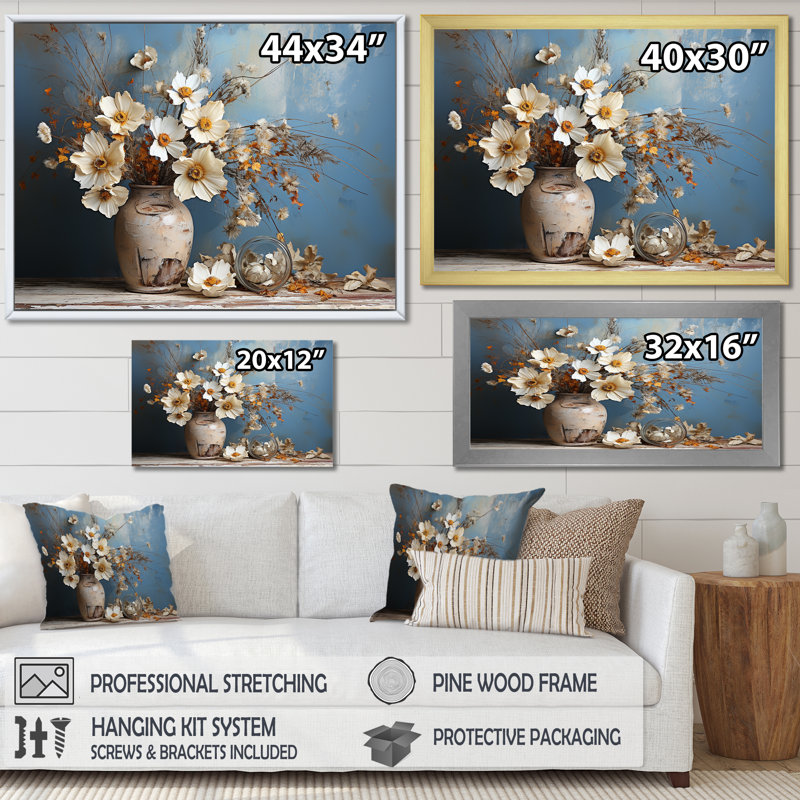 Nature morte au bouquet de fleurs sauvages, Cadre simple blanc, H 34 po x l 44 po x P 1,5 po