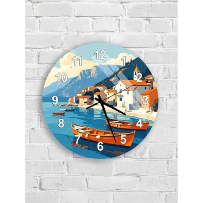 Horloge murale en verre trempé bleu côtier, scène de village, maison de plage, horloge Art moderne, décoration intérieure, horloge murale surdimensionnée