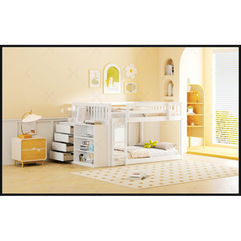 Lit superposé double avec 4 tiroirs et 3 tablettes, maximisant l'espace et le rangement pour les chambres à coucher modernes