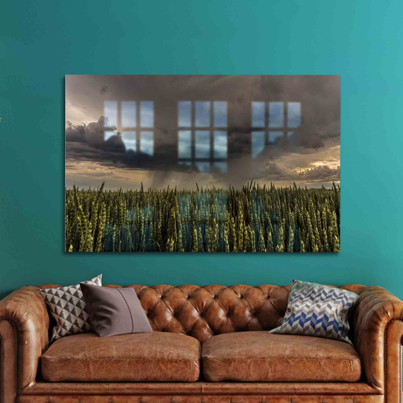 Décoration murale gracieuse en verre trempé présentant un paysage champêtre tranquille pour une décoration intérieure sur le thème de la nature envoûtante