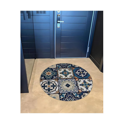 Detailed Decorative Carpet With Antique Tile Pattern In Blue Tones