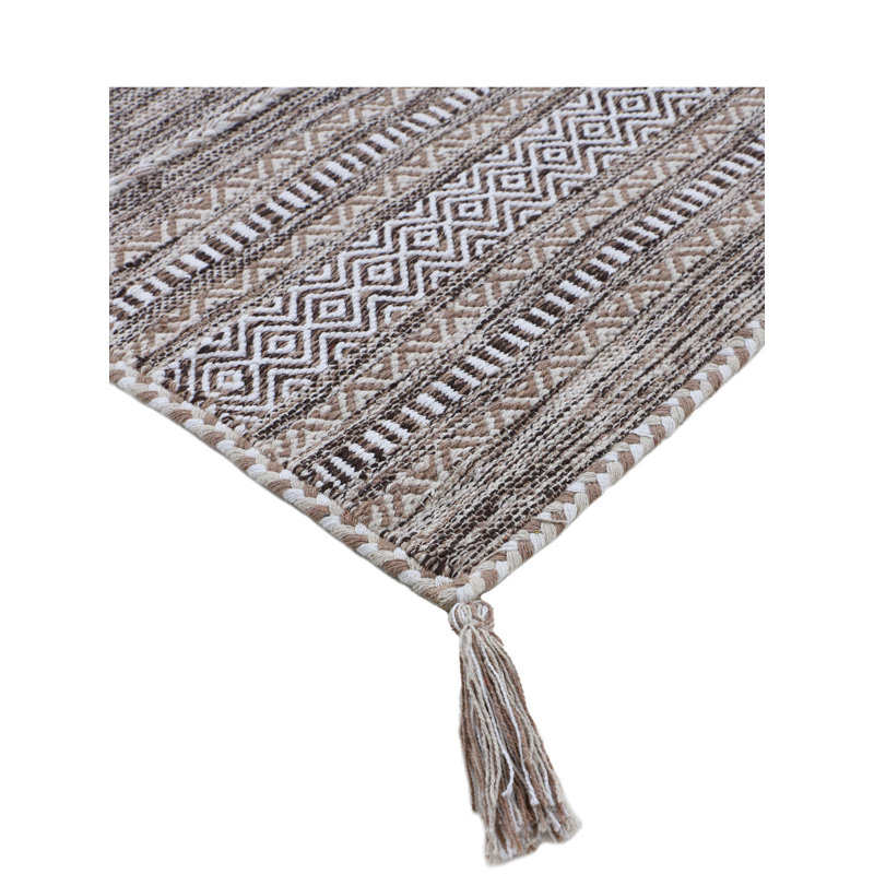 Azizi Striped Hand Woven Cotton Beige Rug, Rectangle 140 x 200cm