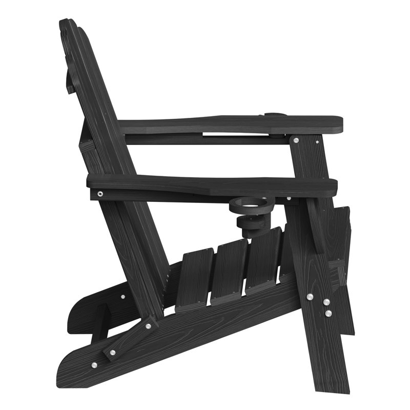 Dauji Oversize Adirondack Chair Weather-Resistant Foldable Patio Chair Wood Texture Fire Pit Chair With Cup Holder, Black