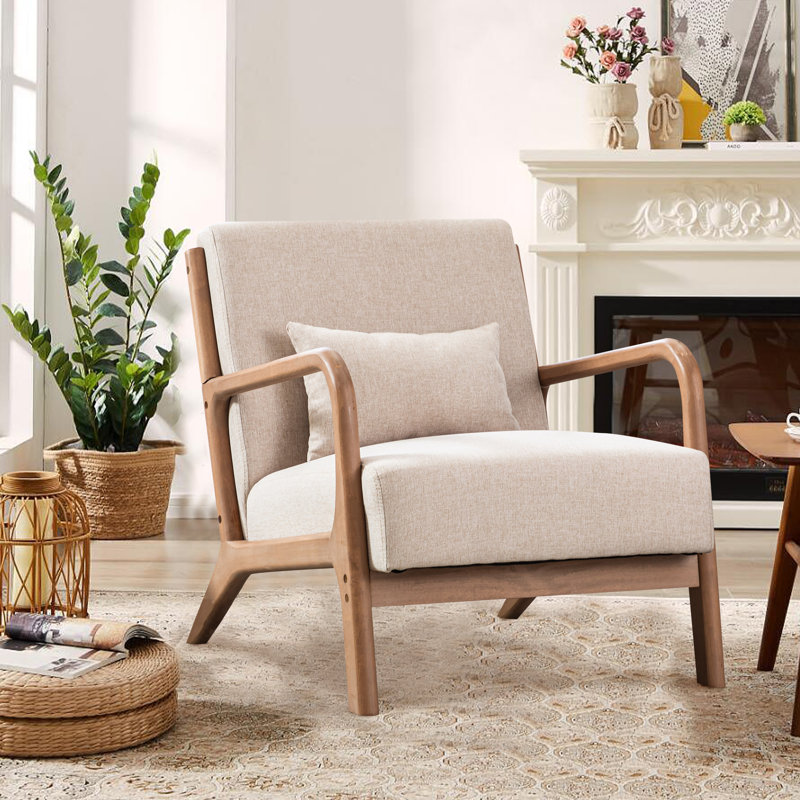 66cm Modern Solid Wood Frame Upholstered Accent Chair , Modern Armchair with Lumbar Support Pillow, Beige Linen