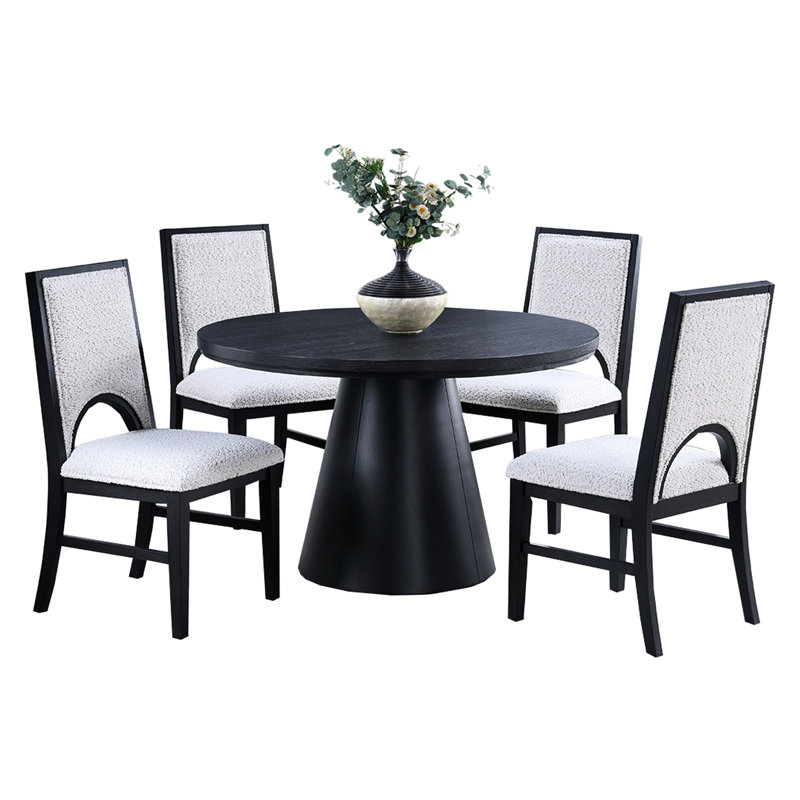 Table à manger 5 pièces: table ronde avec base conique unique et 4 chaises en tissu blanc noir, design transitionnel pour le style de pièce avec finition noire, structure en bois cintrée moderne et arquée
