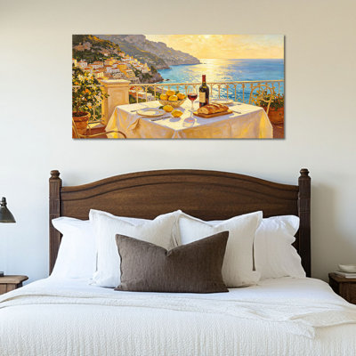 TIMUBA Amalfi Coast Canvas Print - Mediterranean Coastal Wall Art for Home Decor, Italian Balcony Painting Picture Artwork for Living Room or Office, Wrapped Canvas with Pine Frame, 12×24 inches