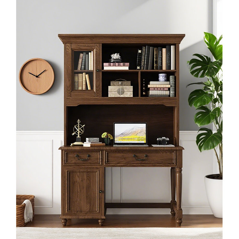 Country-Style Solid Wood Desk, Bookshelf, and Cabinet Combination, Brown