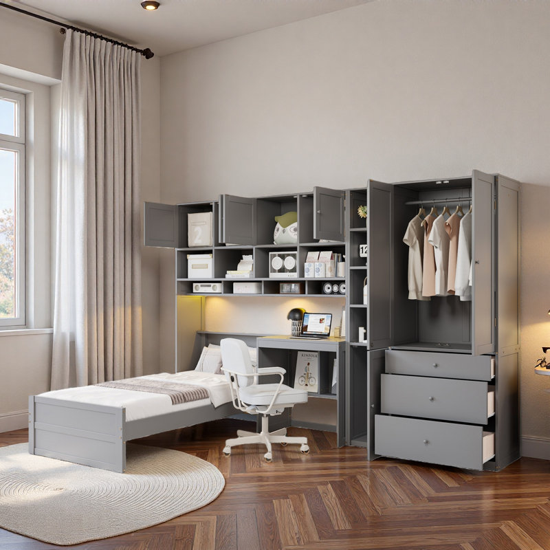 Lit plateforme multifonctionnel avec bureau, bande lumineuse à DEL, armoire, armoires, 3 tiroirs et tablettes de rangement