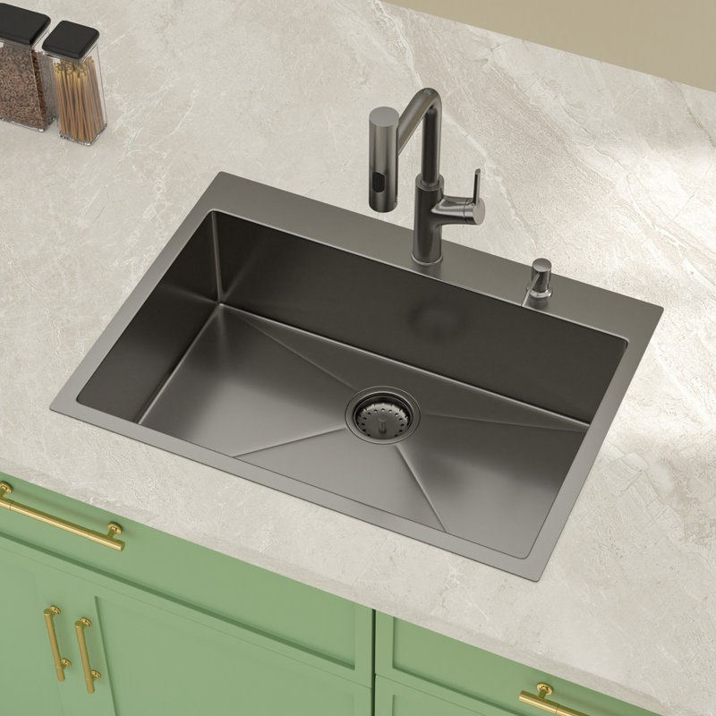 Évier de cuisine encastré noir 30 po x l 22 po en acier inoxydable, lavabo à cuve simple en acier inoxydable avec robinet escamotable, laveuse de tasses, grille inférieure, support à roulettes, crépine et accessoires