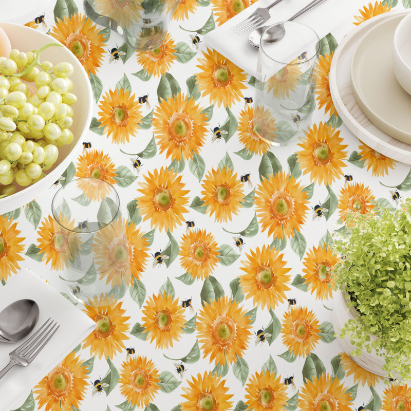 Rectangular Tablecloth, 100% Cotton, 60X84", Buzzing Bees And Sunflowers