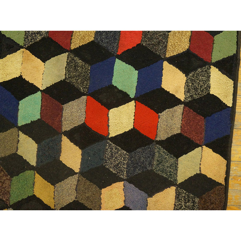 Small Antique Colorful Tumbling Block Pattern American Folk Art Hooked Rug