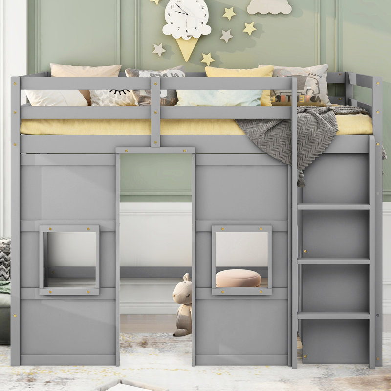 Lit mezzanine simple avec rangement pour garde-robe, gris - construction en bois robuste pour la chambre à coucher avec 2 fenêtres et garde-robe de rangement, fabrication solide