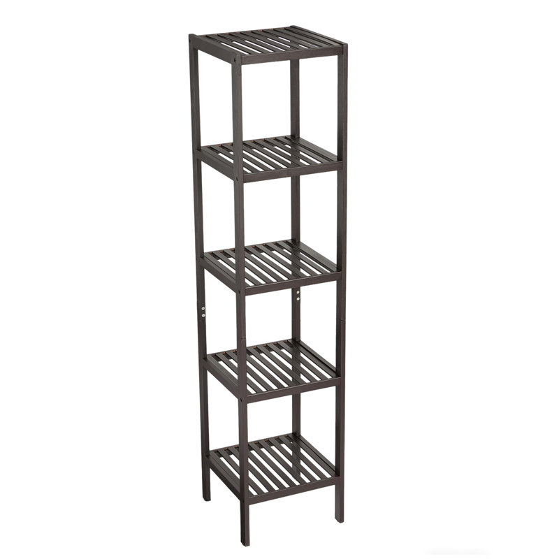 Bamboo Storage Shelf 5-Tier Multifunctional Shelving Unit with Slatted Shelves Standing Towel Rack Corner Rack for Bathroom Entryway Bedroom Kitchen Living Room Balcony