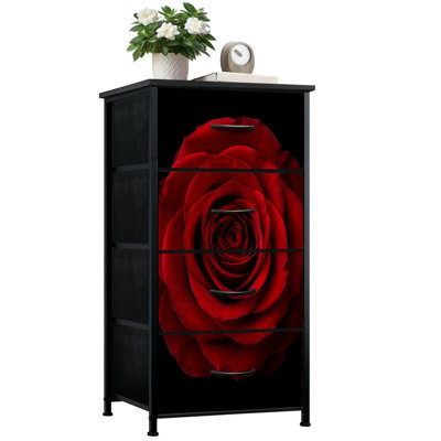 4 Drawer Vertical Storage Dresser Red Rose black with Wood Top Fabric Pull Drawers